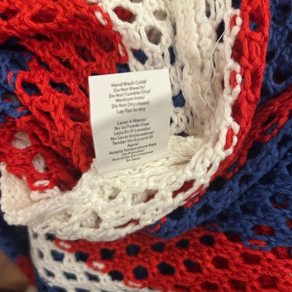 Venus Red White Blue USA Striped Crochet Hoodie Knit Swim Cover-Up Dress - Picture 7 of 9